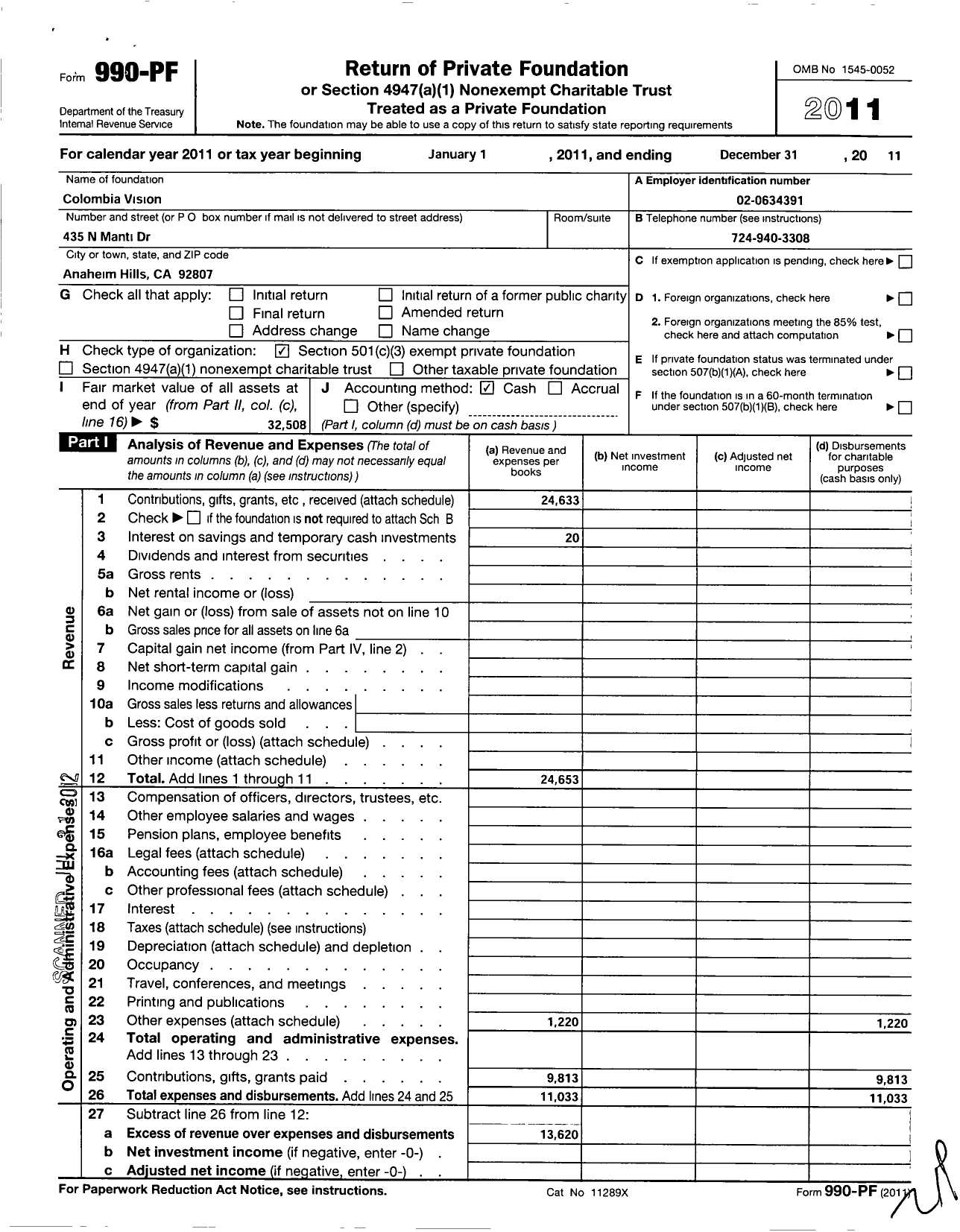 Image of first page of 2011 Form 990PF for Colombia Vision