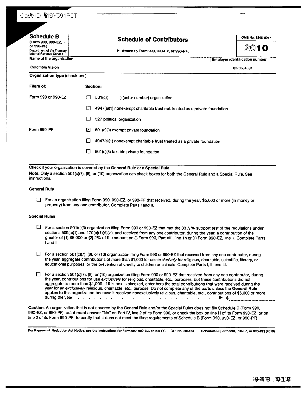 Image of first page of 2010 Form 990PR for Colombia Vision