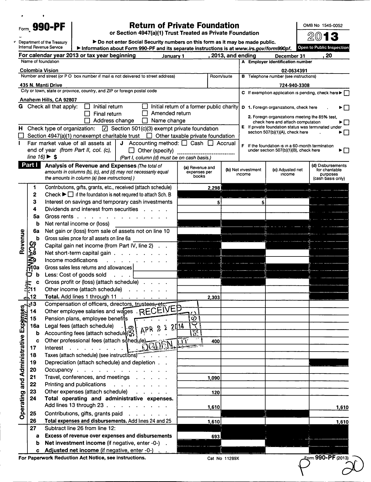 Image of first page of 2013 Form 990PF for Colombia Vision