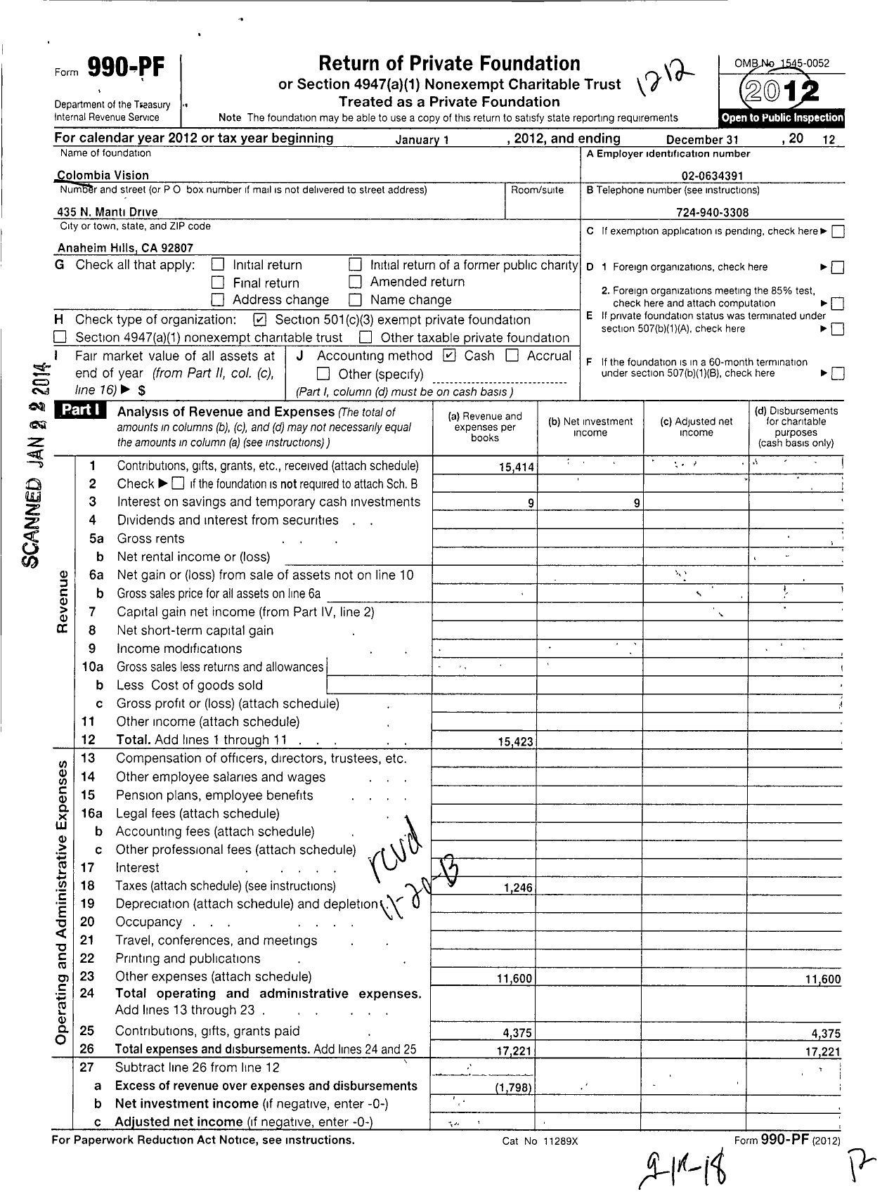 Image of first page of 2012 Form 990PF for Colombia Vision