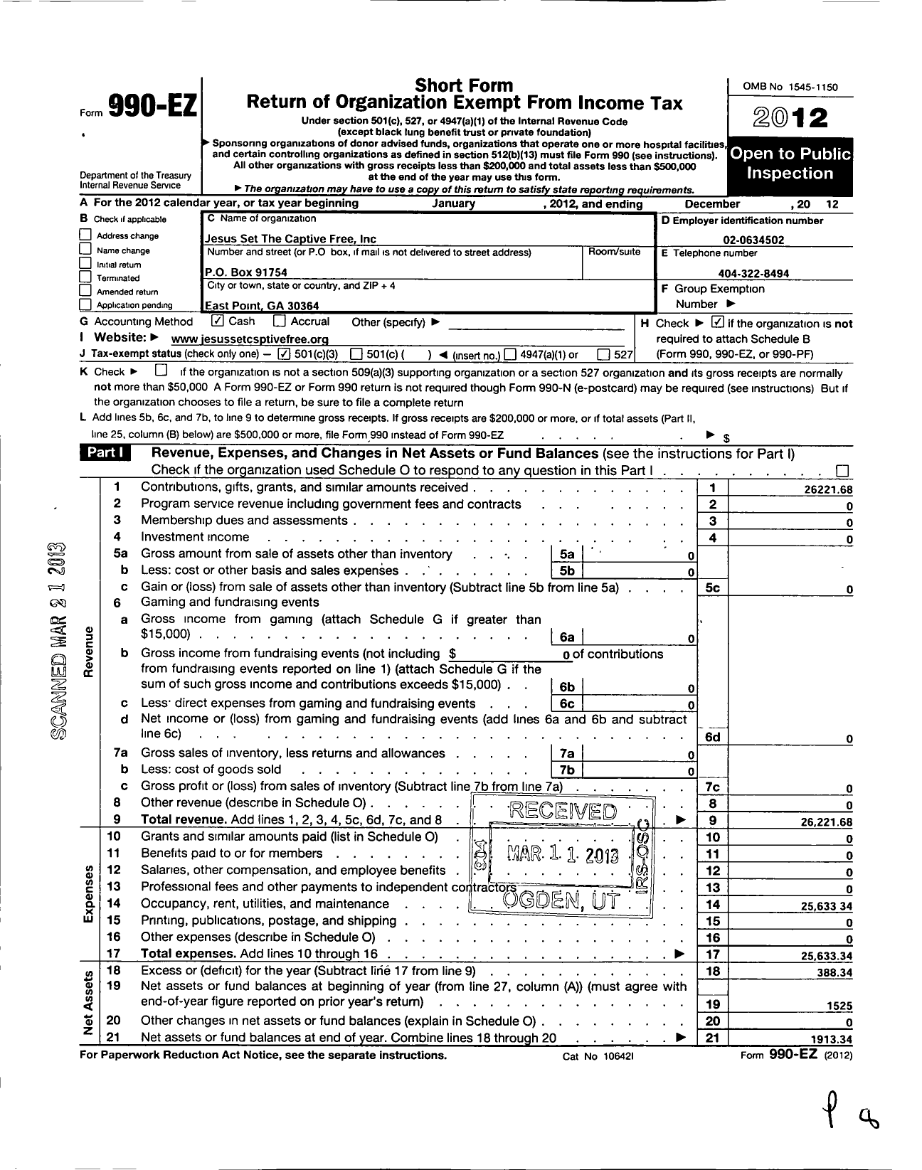 Image of first page of 2012 Form 990EZ for Jesus Set the Captive Free