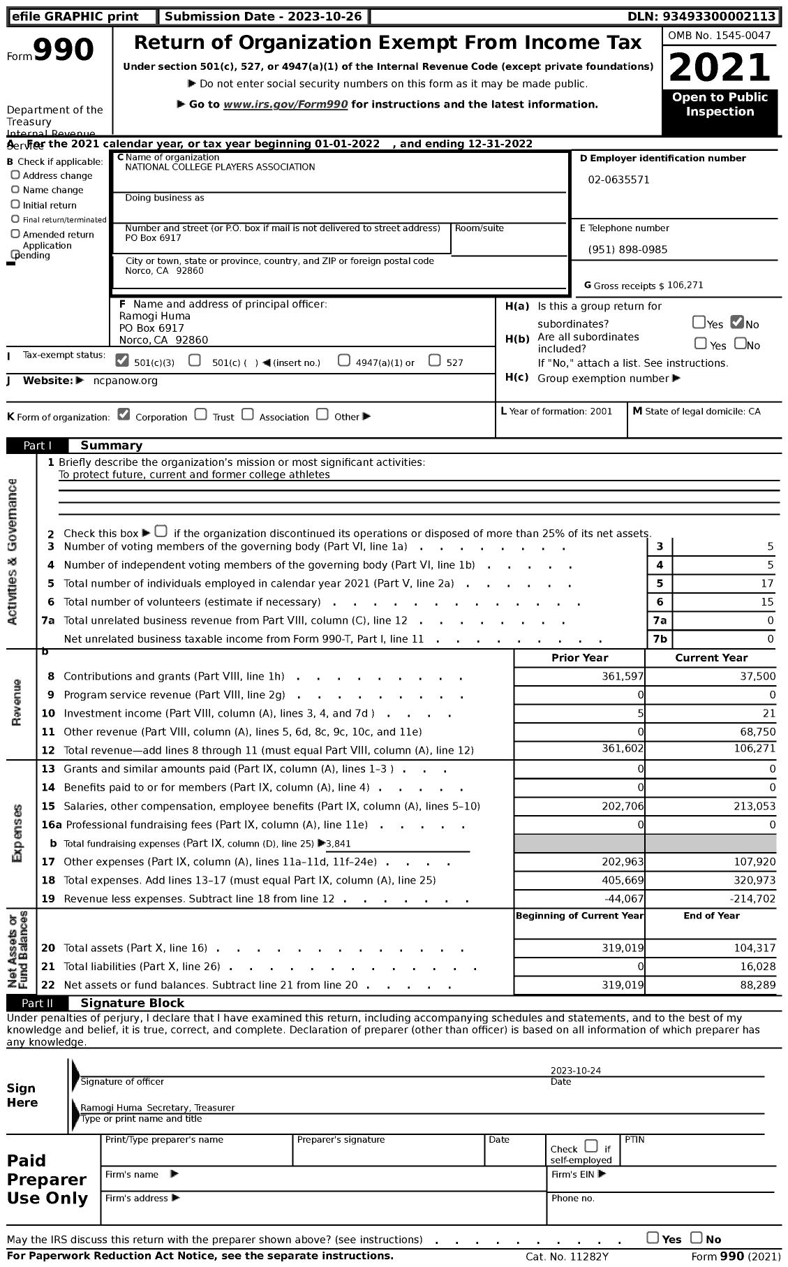 Image of first page of 2022 Form 990 for National College Players Association