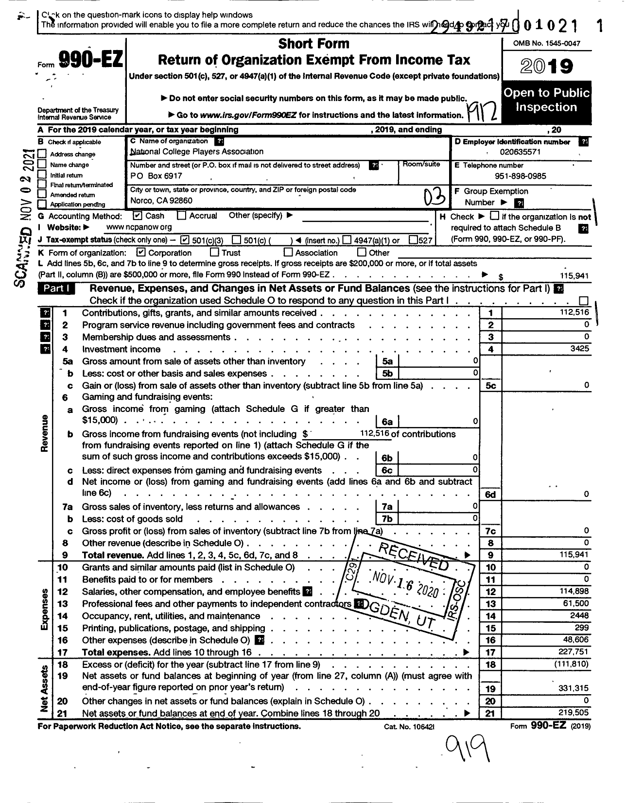 Image of first page of 2019 Form 990EZ for National College Players Association