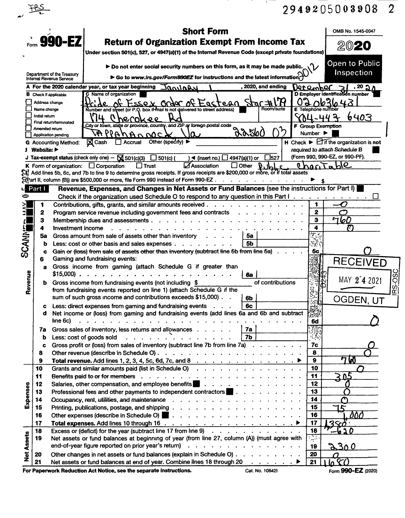 Image of first page of 2020 Form 990EZ for Pride of Essex Oes 179