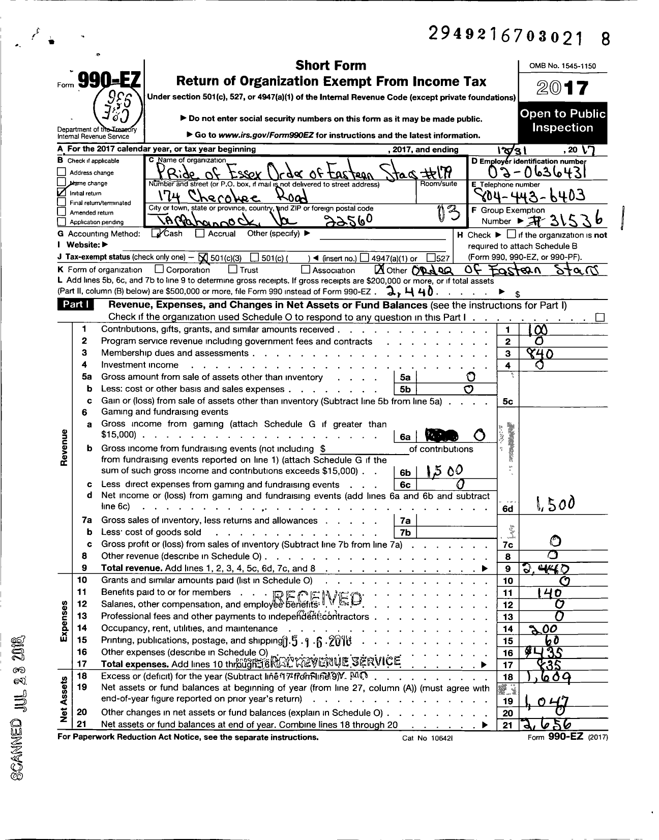 Image of first page of 2017 Form 990EZ for Pride of Essex Oes 179