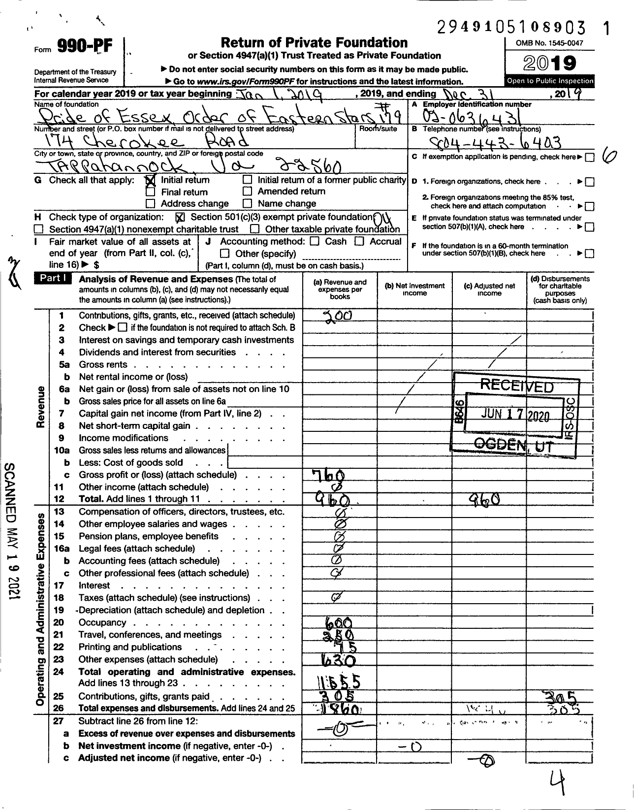 Image of first page of 2019 Form 990PF for Pride of Essex Oes 179