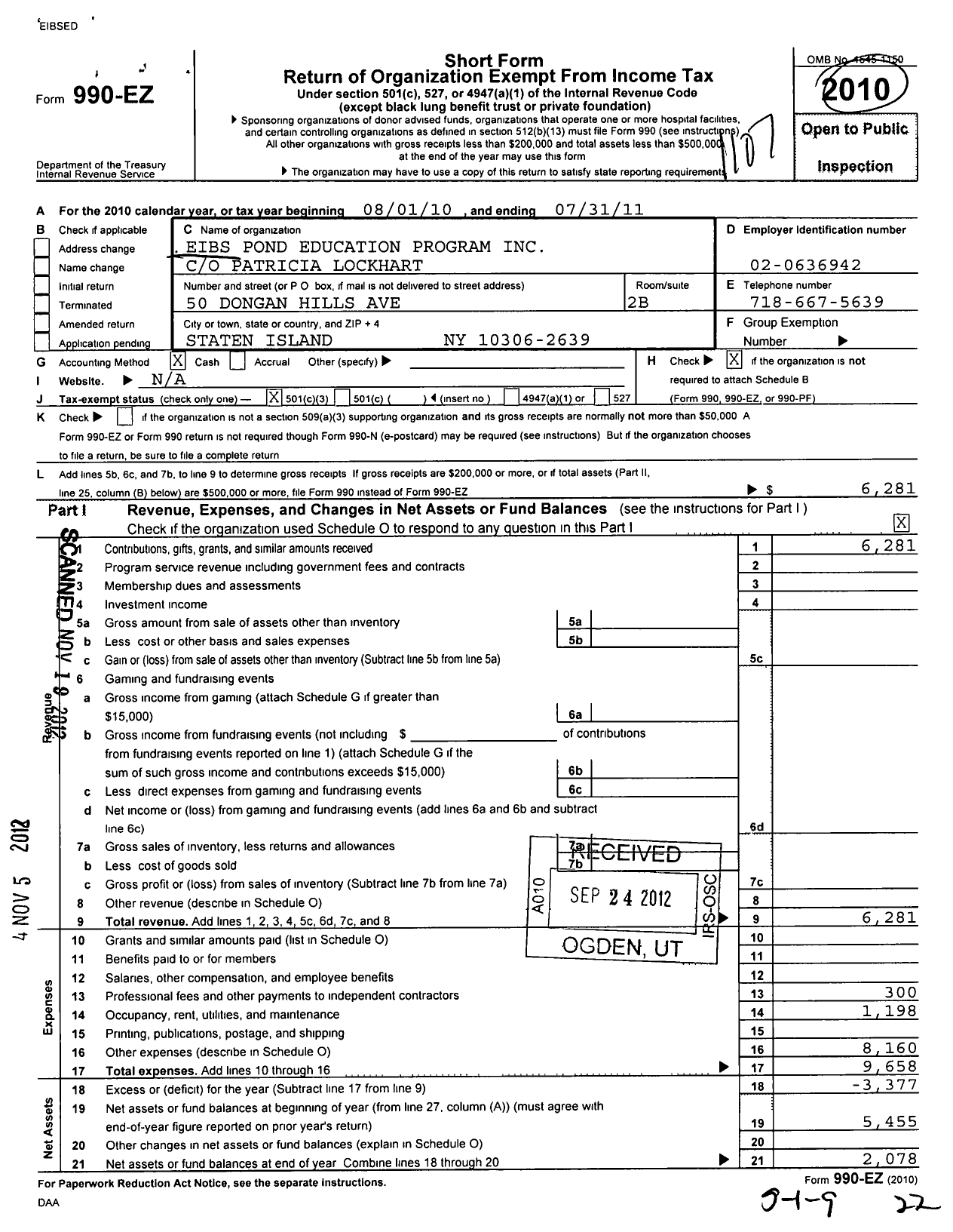 Image of first page of 2010 Form 990EZ for Eibs Pond Education Restoration Program