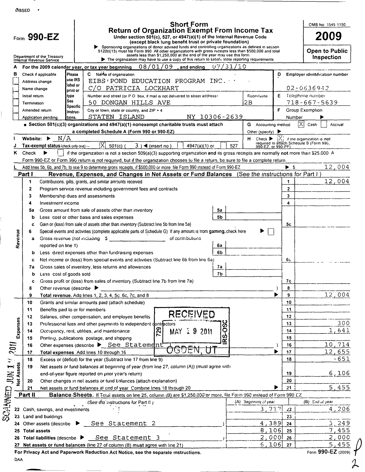 Image of first page of 2009 Form 990EZ for Eibs Pond Education Restoration Program