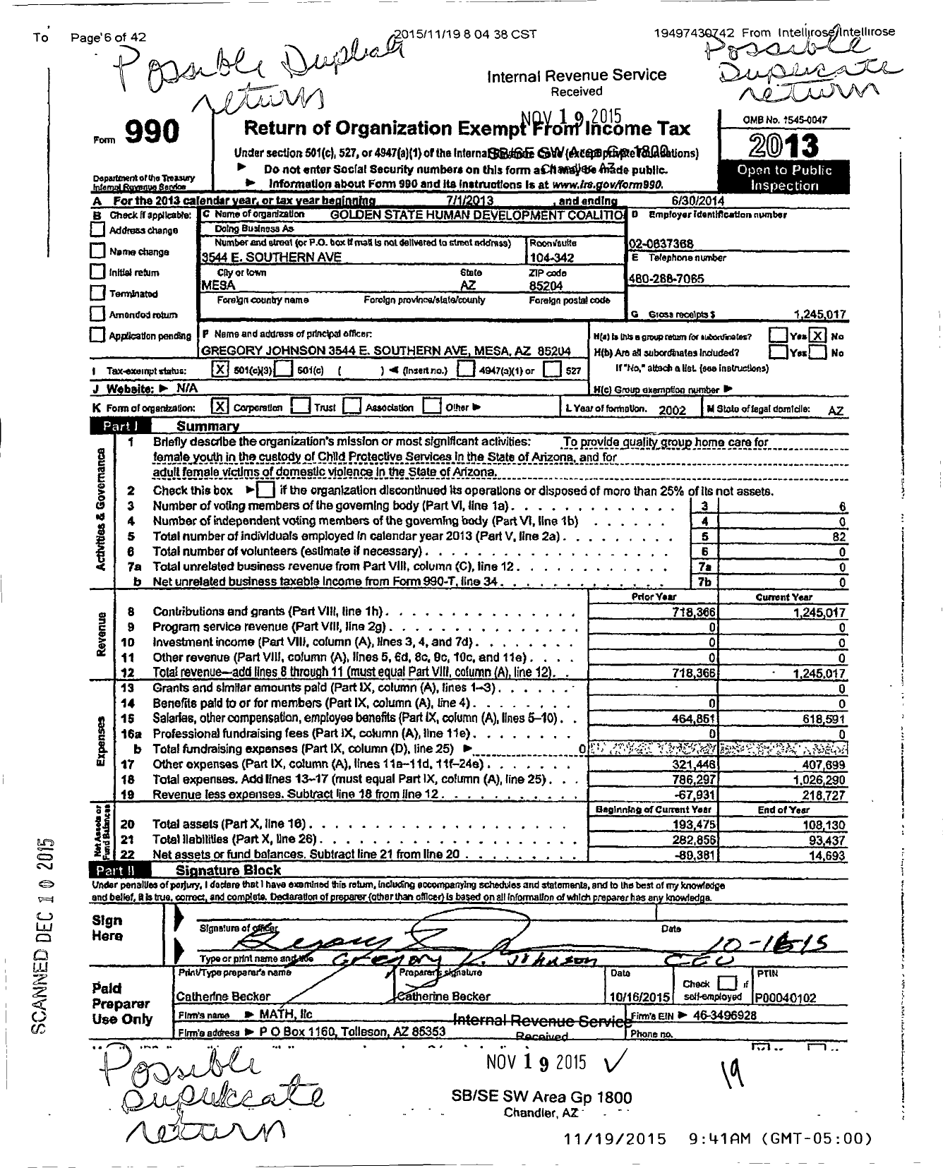 Image of first page of 2013 Form 990 for Golden State Human Development Coalition