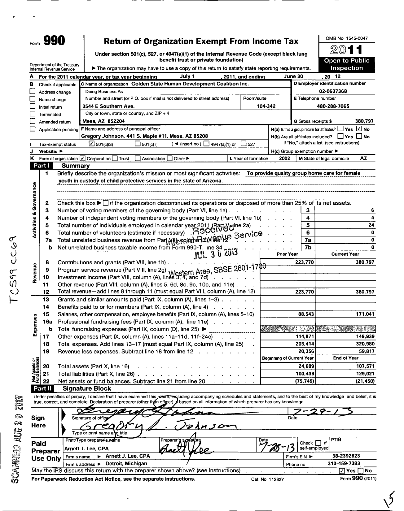 Image of first page of 2011 Form 990 for Golden State Human Development Coalition