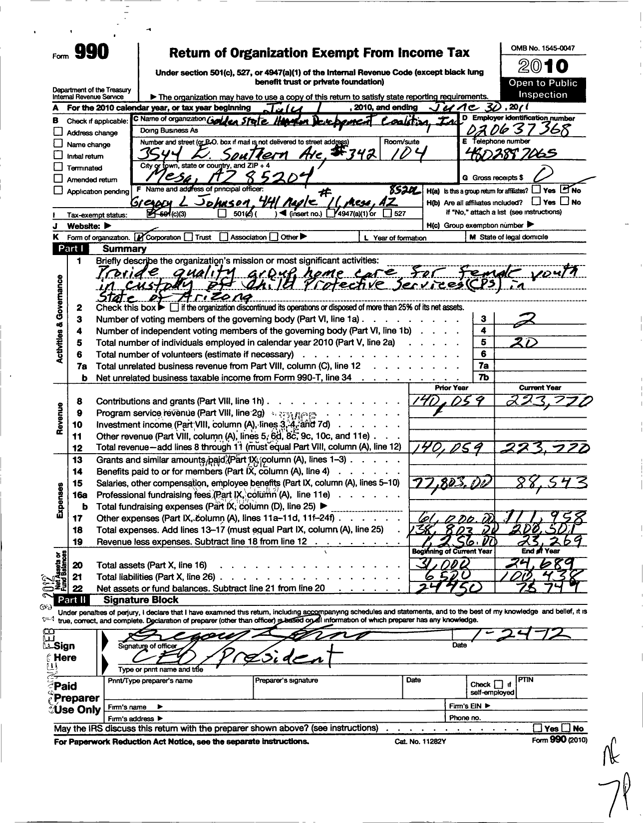 Image of first page of 2010 Form 990 for Golden State Human Development Coalition