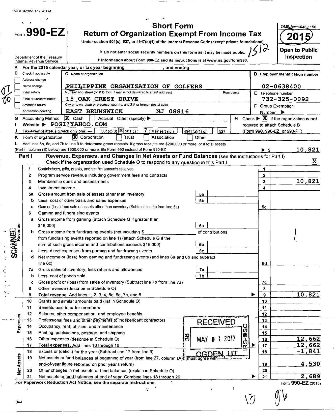 Image of first page of 2015 Form 990EO for Philippine Organization of Golfers