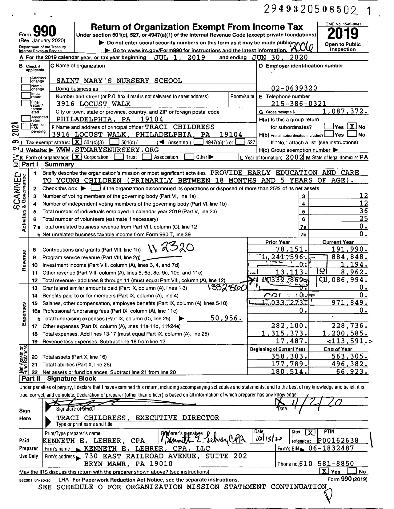 Image of first page of 2019 Form 990 for Saint Mary's Nursery School