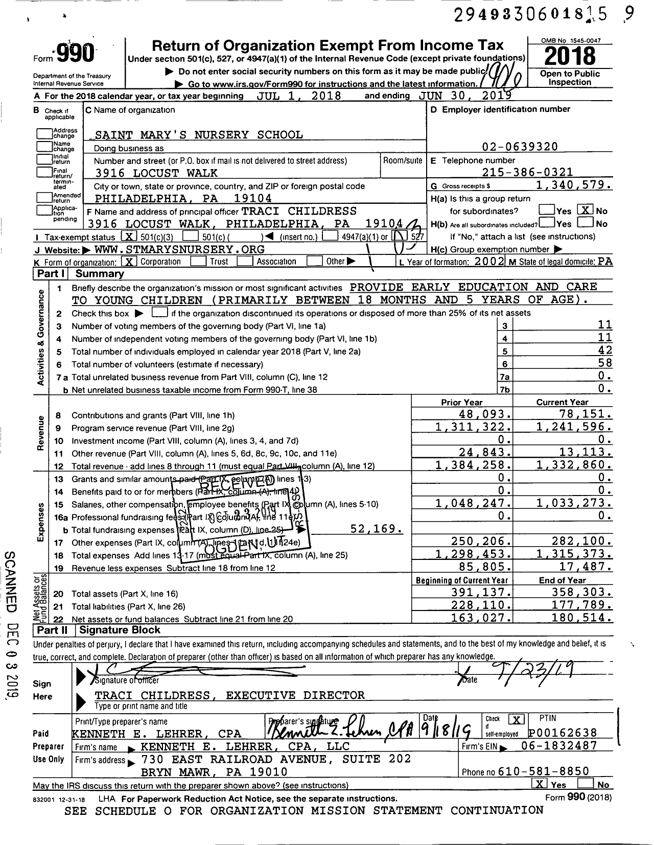 Image of first page of 2018 Form 990 for Saint Mary's Nursery School