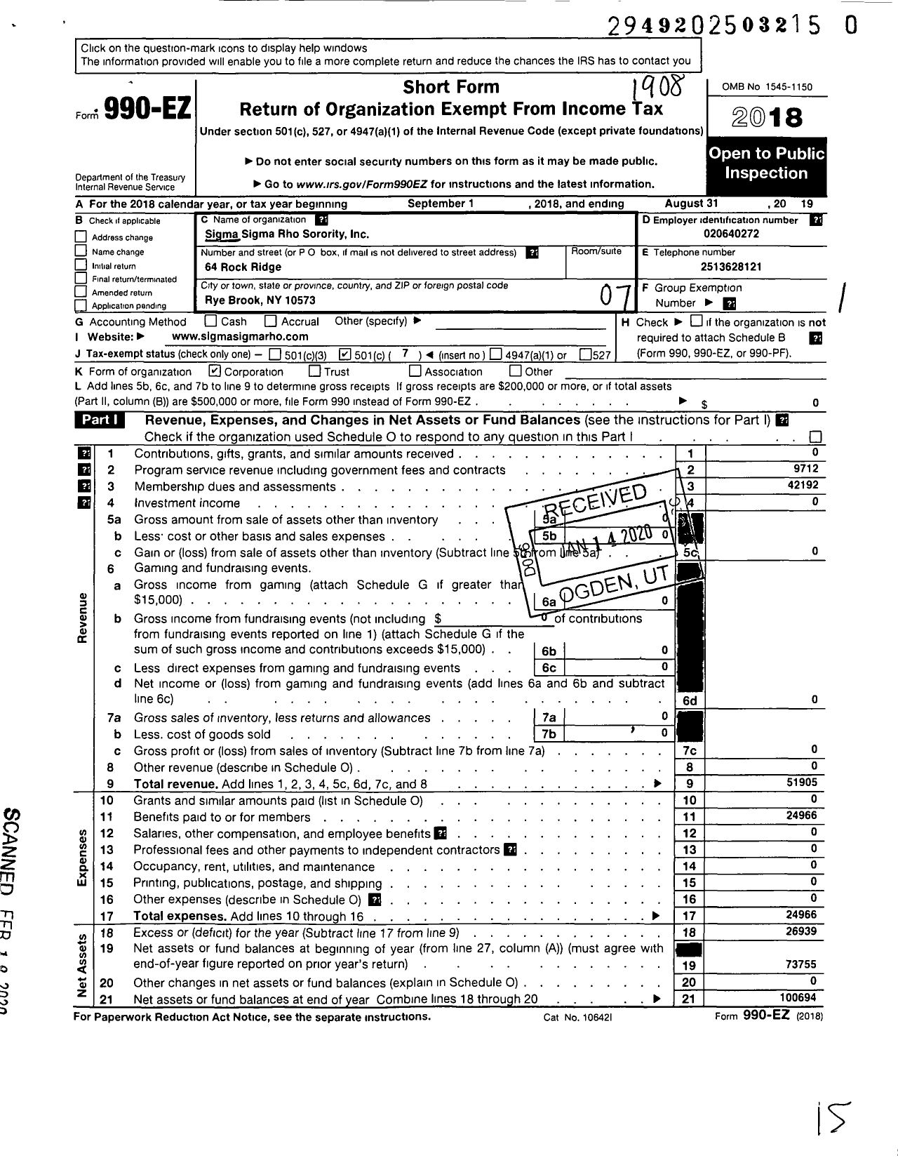 Image of first page of 2018 Form 990EO for Sigma Sigma Rho Sorority