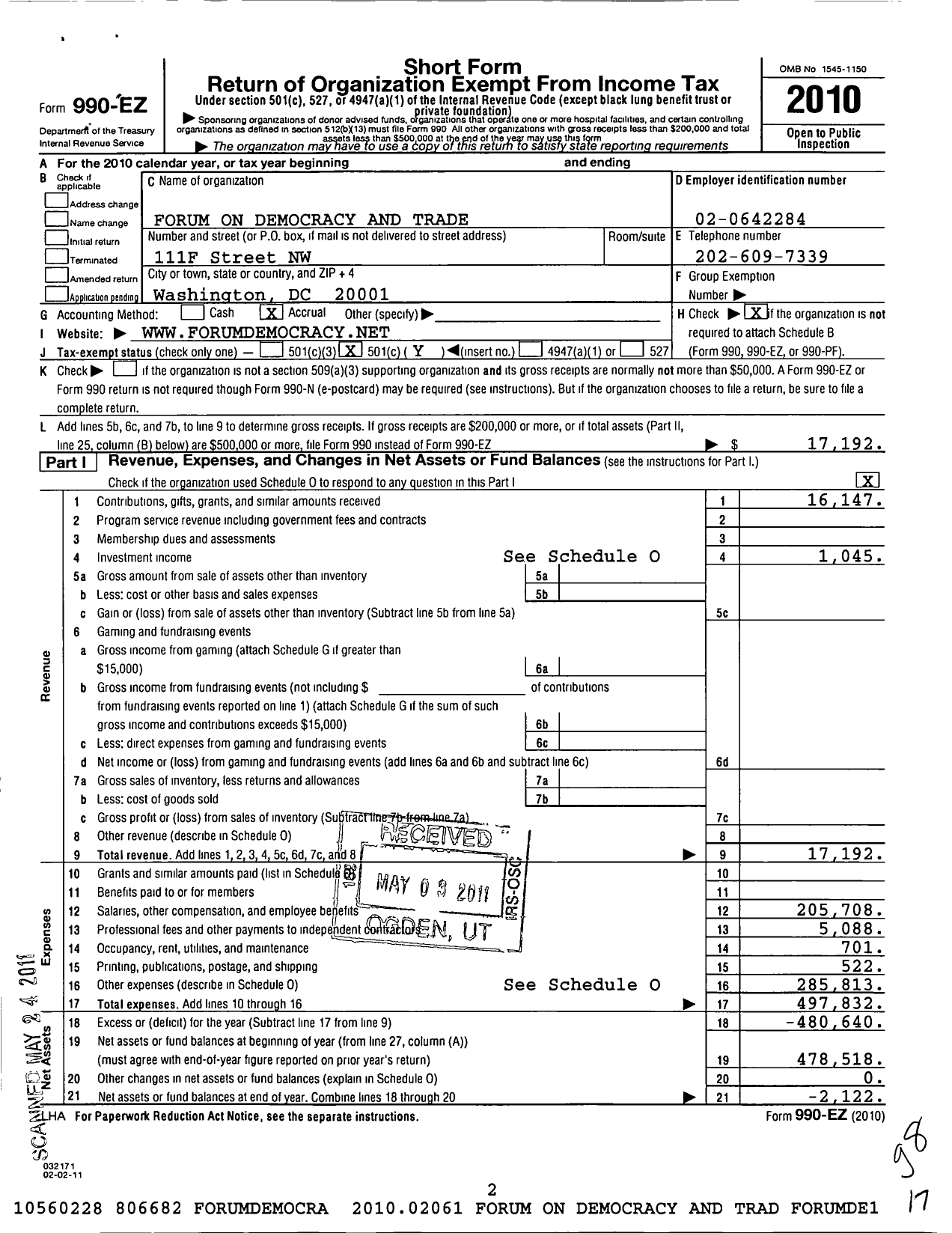 Image of first page of 2010 Form 990EO for Forum on Democracy and Trade