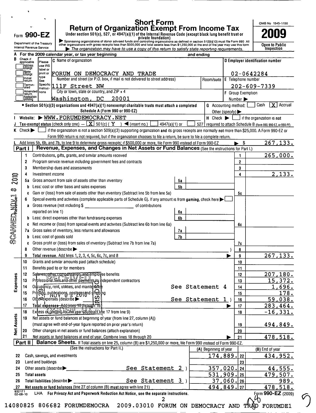 Image of first page of 2009 Form 990EO for Forum on Democracy and Trade