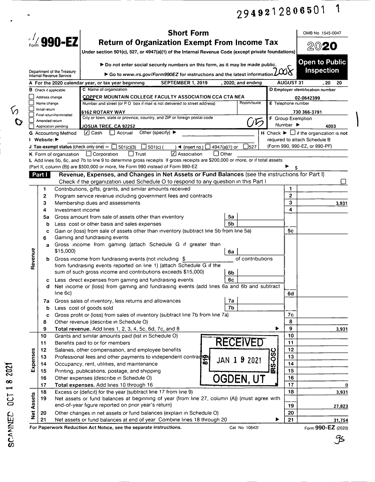 Image of first page of 2019 Form 990EO for California Teachers Association - Copper Mountain College Fa