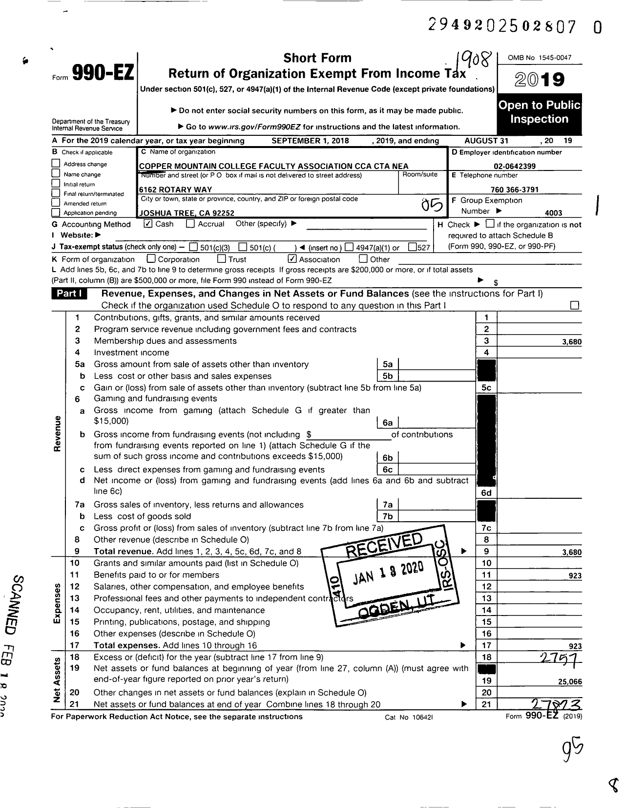 Image of first page of 2018 Form 990EO for California Teachers Association - Copper Mountain College Fa