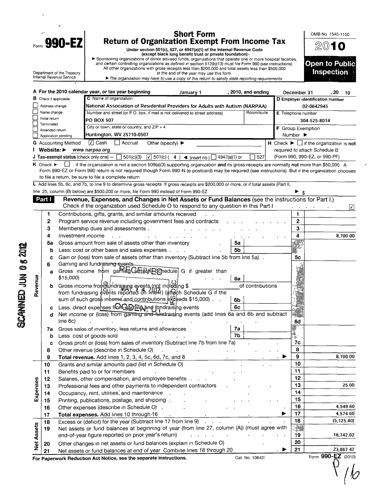 Image of first page of 2010 Form 990EO for National Association of Residential Providers for Adults with Autism