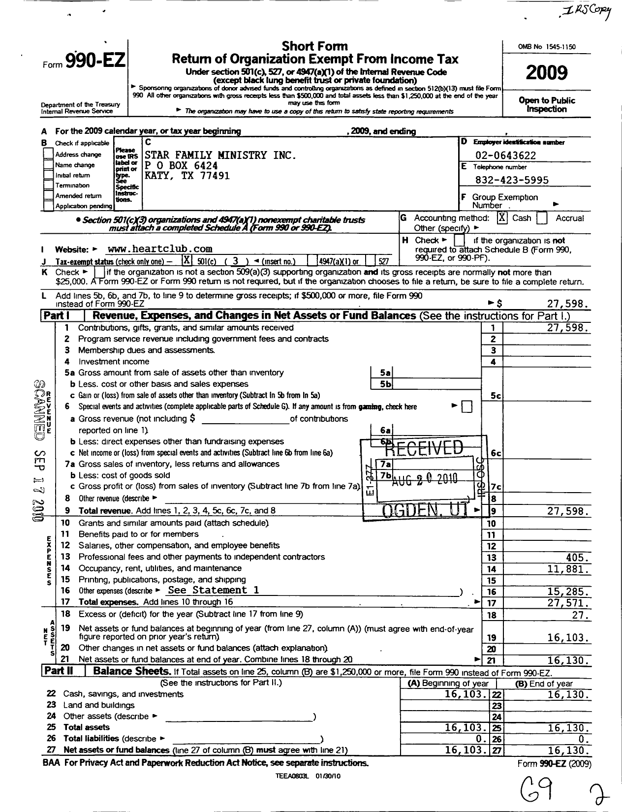 Image of first page of 2009 Form 990EZ for Star Family Ministries