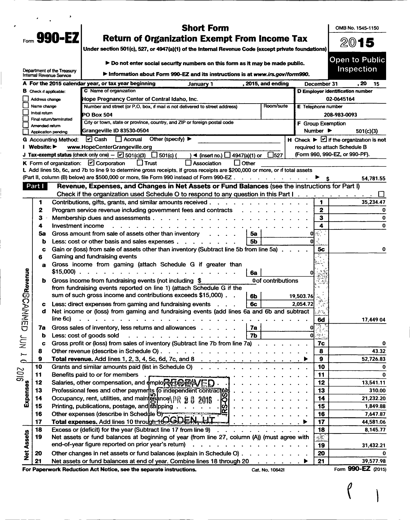 Image of first page of 2015 Form 990EZ for Hope Pregnancy Center of Central Idaho