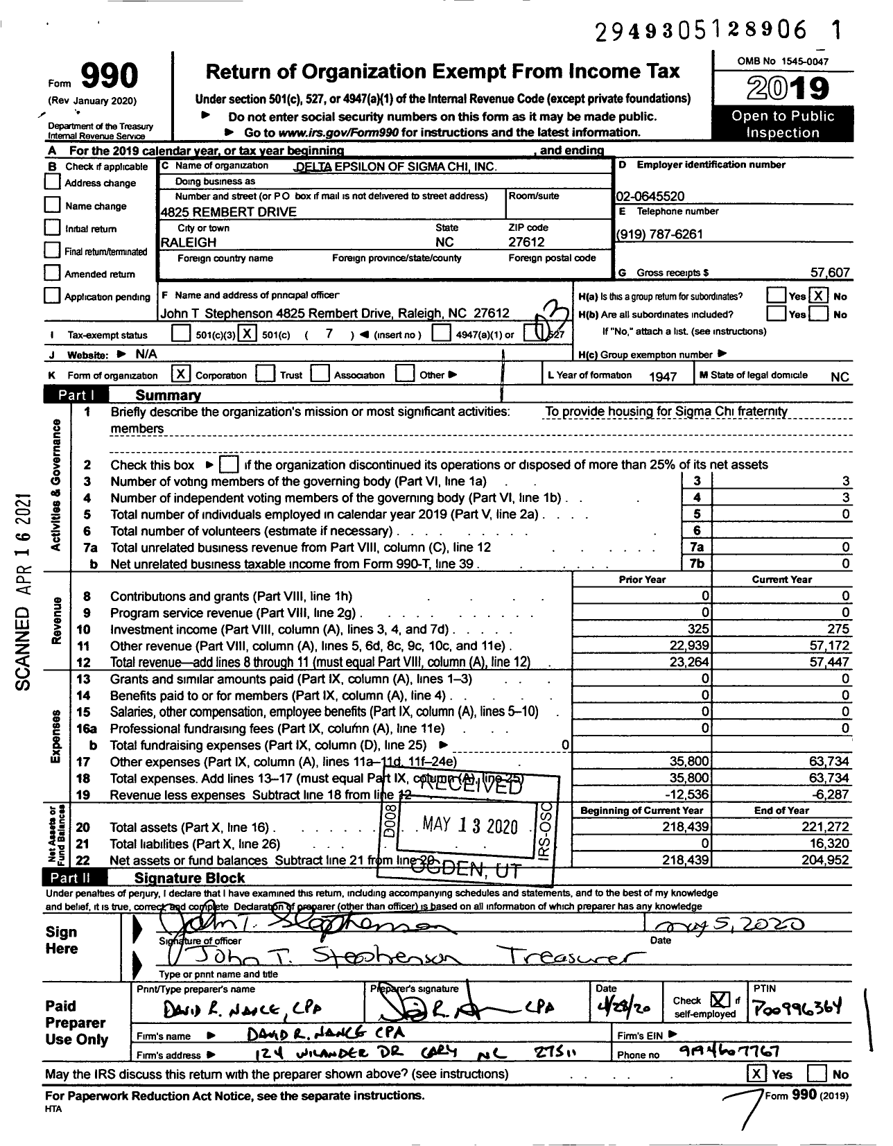 Image of first page of 2019 Form 990 for Delta Epsilon of Sigma Chi