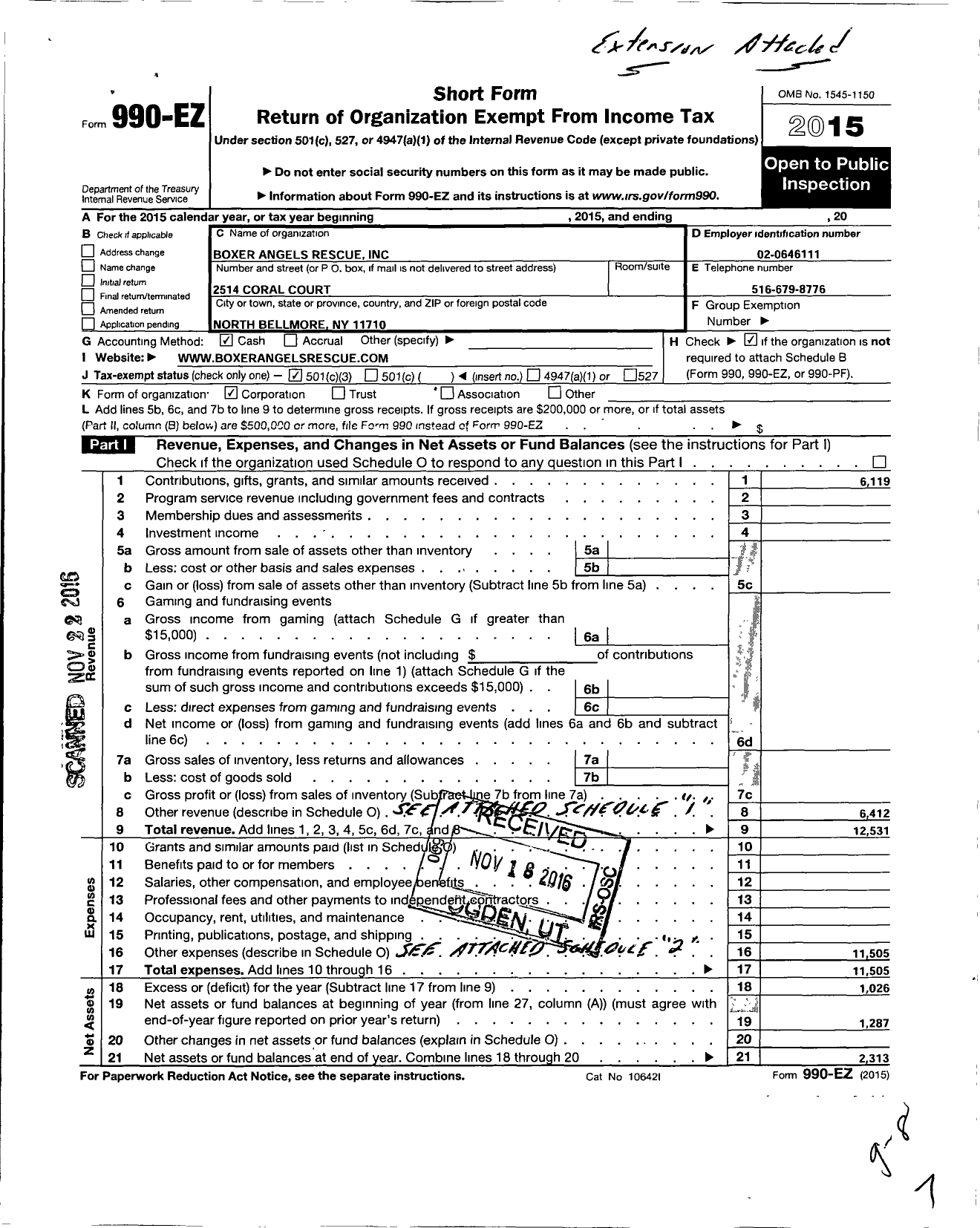 Image of first page of 2015 Form 990EZ for Boxer Angels Rescue