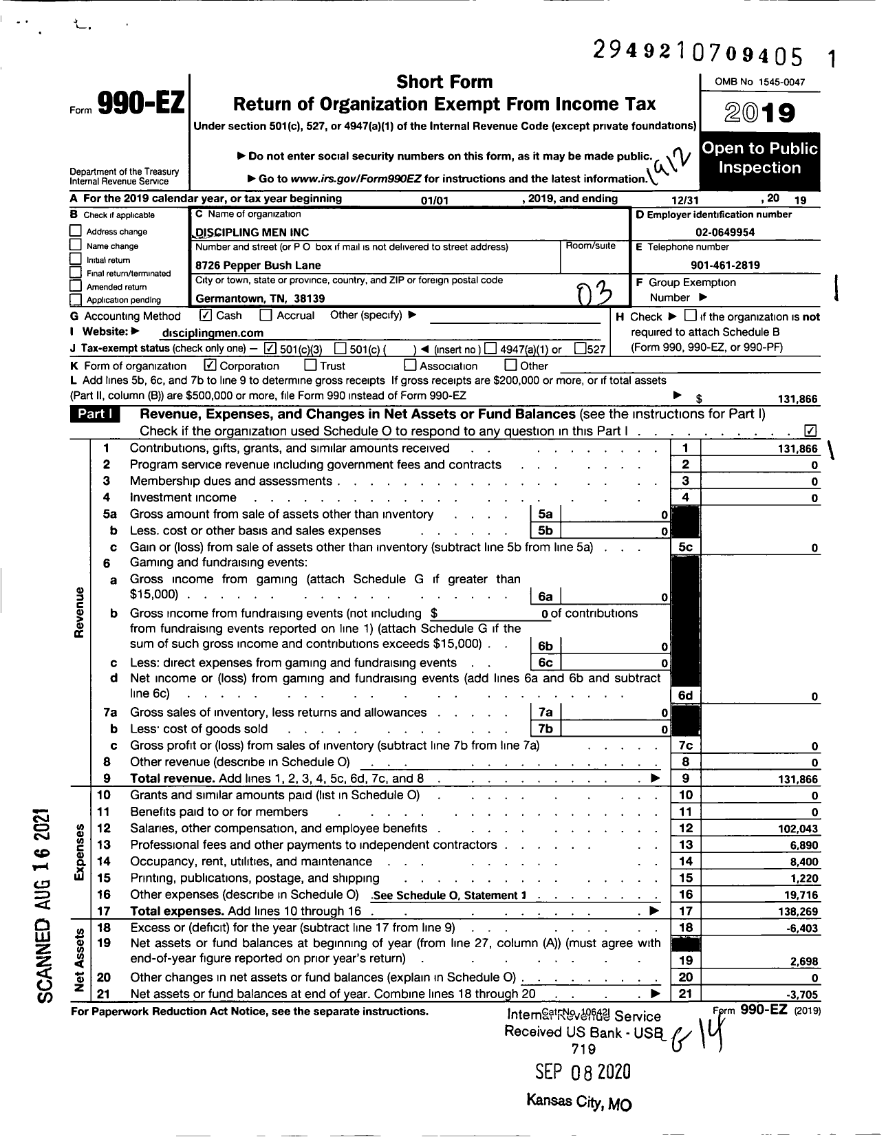 Image of first page of 2019 Form 990EZ for Discipling Men