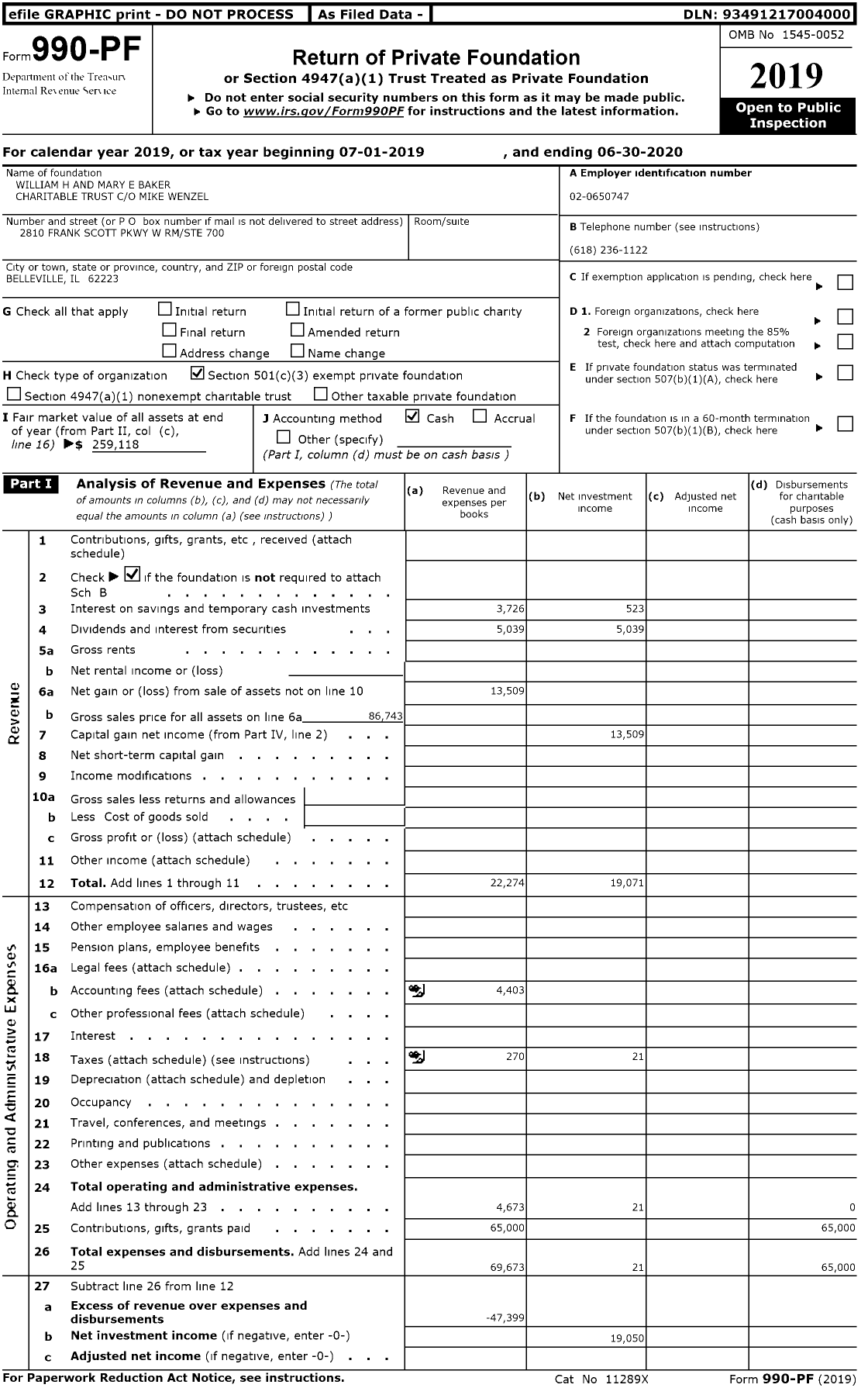 Image of first page of 2019 Form 990PR for William H and Mary E Baker Charitable Trust