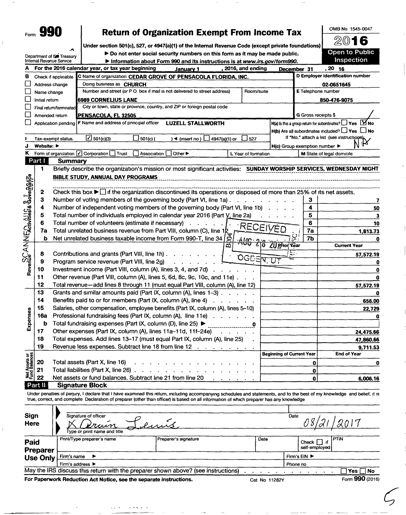 Image of first page of 2016 Form 990 for Cedar Grove Baptist Church of Pensacola FL