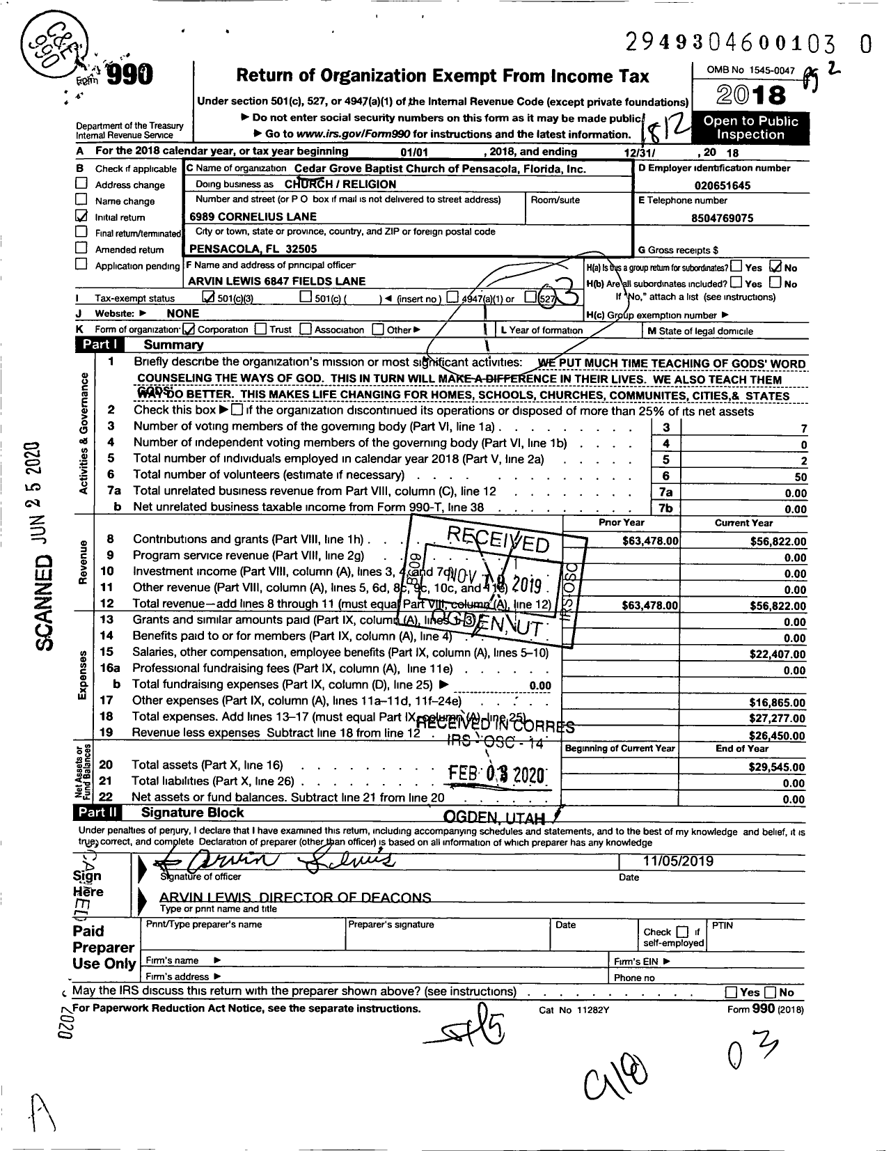 Image of first page of 2018 Form 990 for Cedar Grove Baptist Church of Pensacola FL