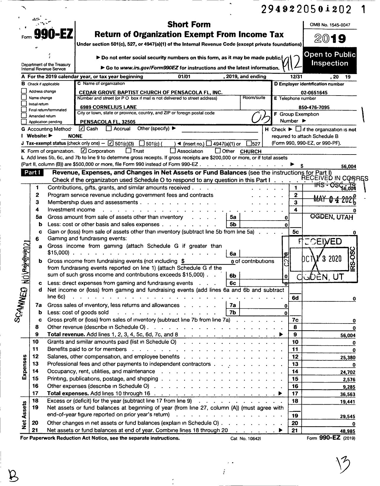 Image of first page of 2019 Form 990EZ for Cedar Grove Baptist Church of Pensacola FL