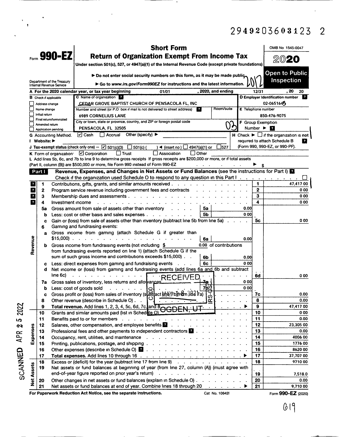 Image of first page of 2020 Form 990EZ for Cedar Grove Baptist Church of Pensacola FL