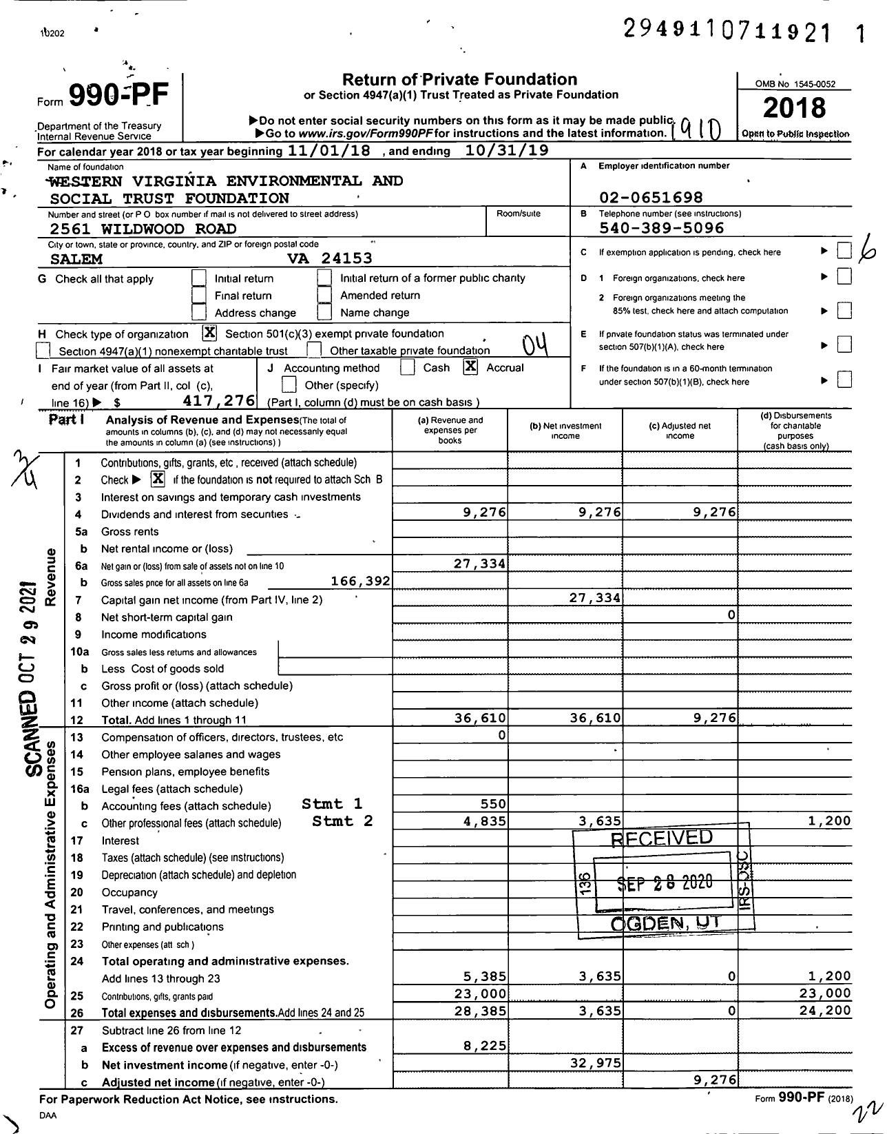 Image of first page of 2018 Form 990PF for Western Virginia Environmental and Social Trust Foundation