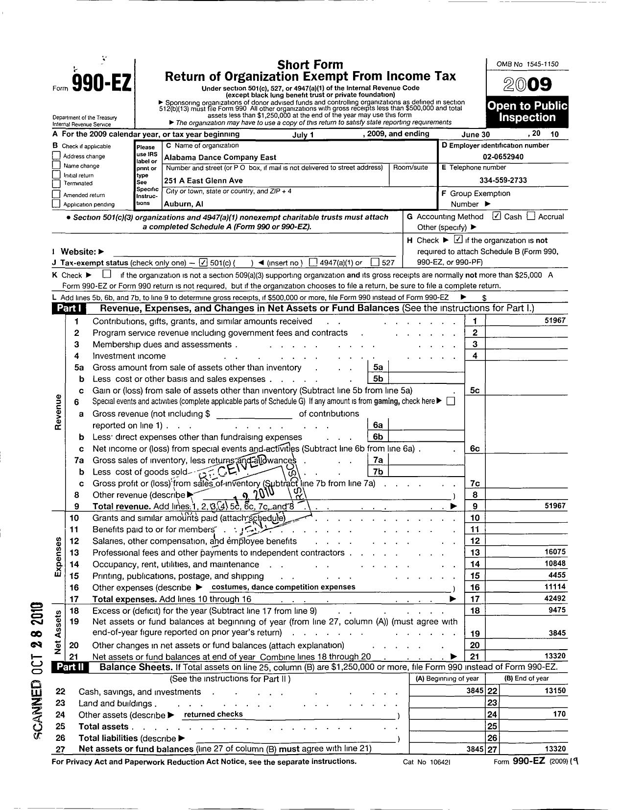 Image of first page of 2009 Form 990EO for Alabama Dance Company East