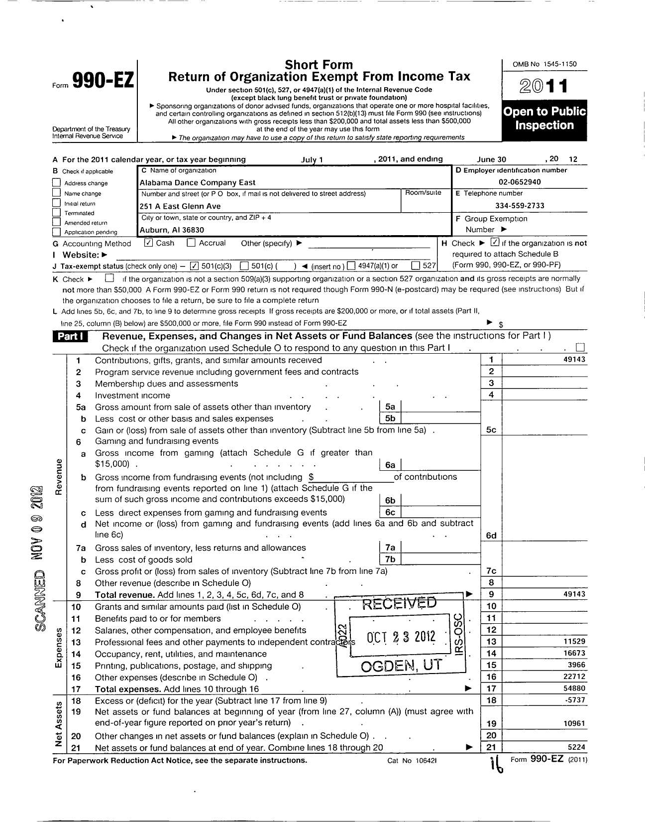 Image of first page of 2011 Form 990EZ for Alabama Dance Company East