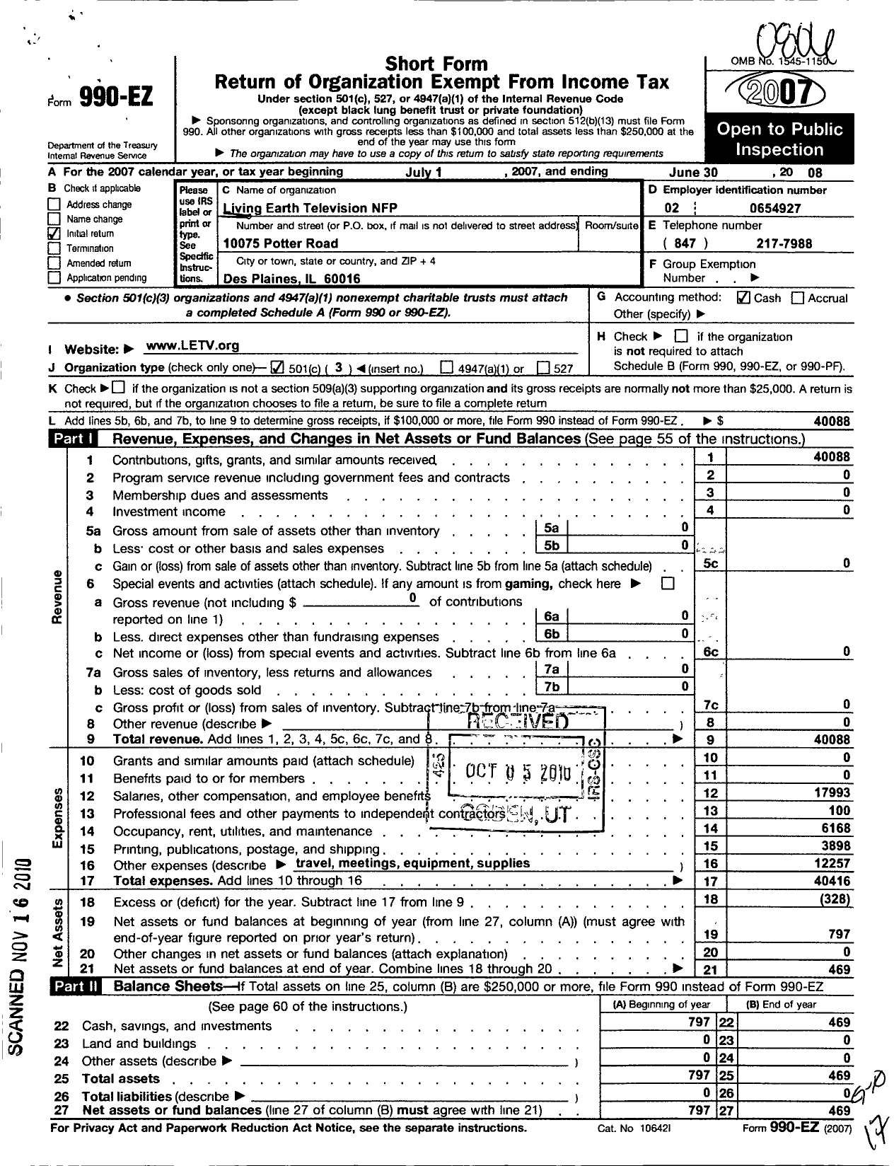 Image of first page of 2007 Form 990EZ for Living Earth Television NFP