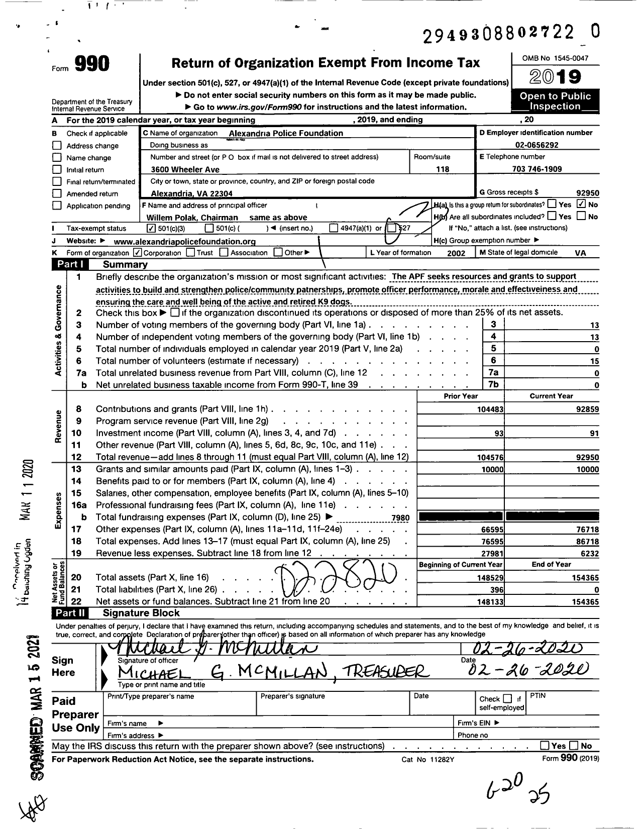 Image of first page of 2019 Form 990 for Alexandria Police Foundation