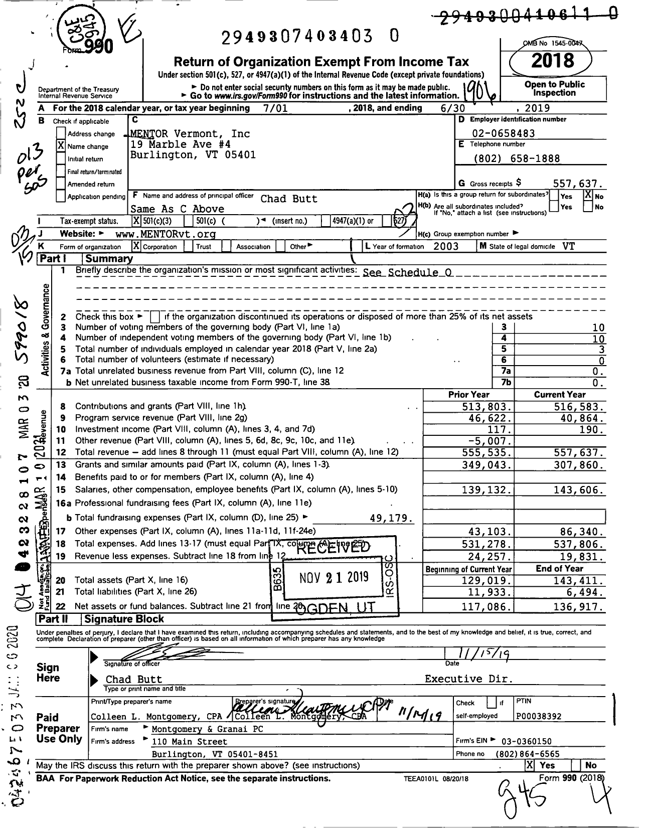 Image of first page of 2018 Form 990 for MENTOR Vermont