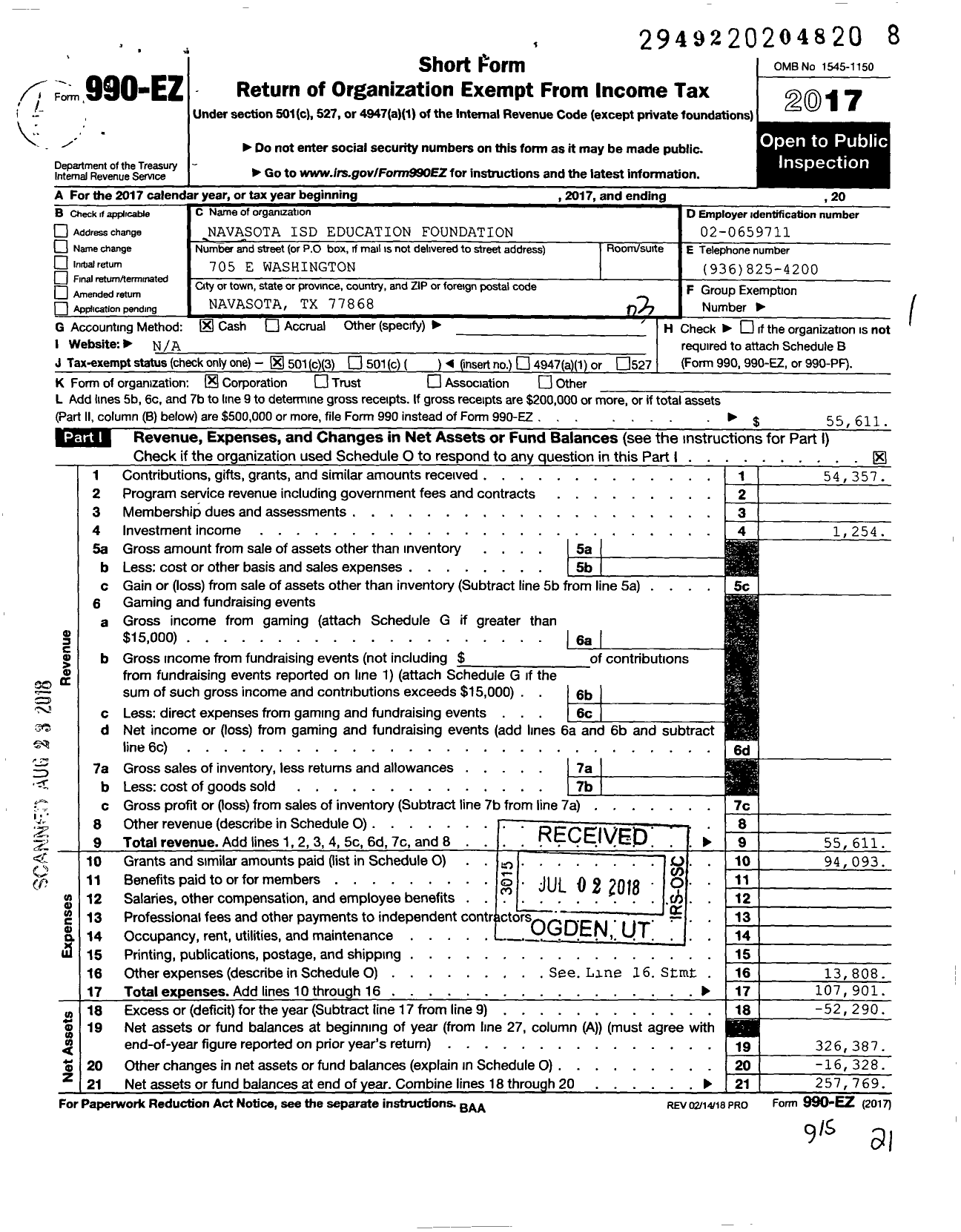 Image of first page of 2017 Form 990EZ for Navasota ISD Education Foundation