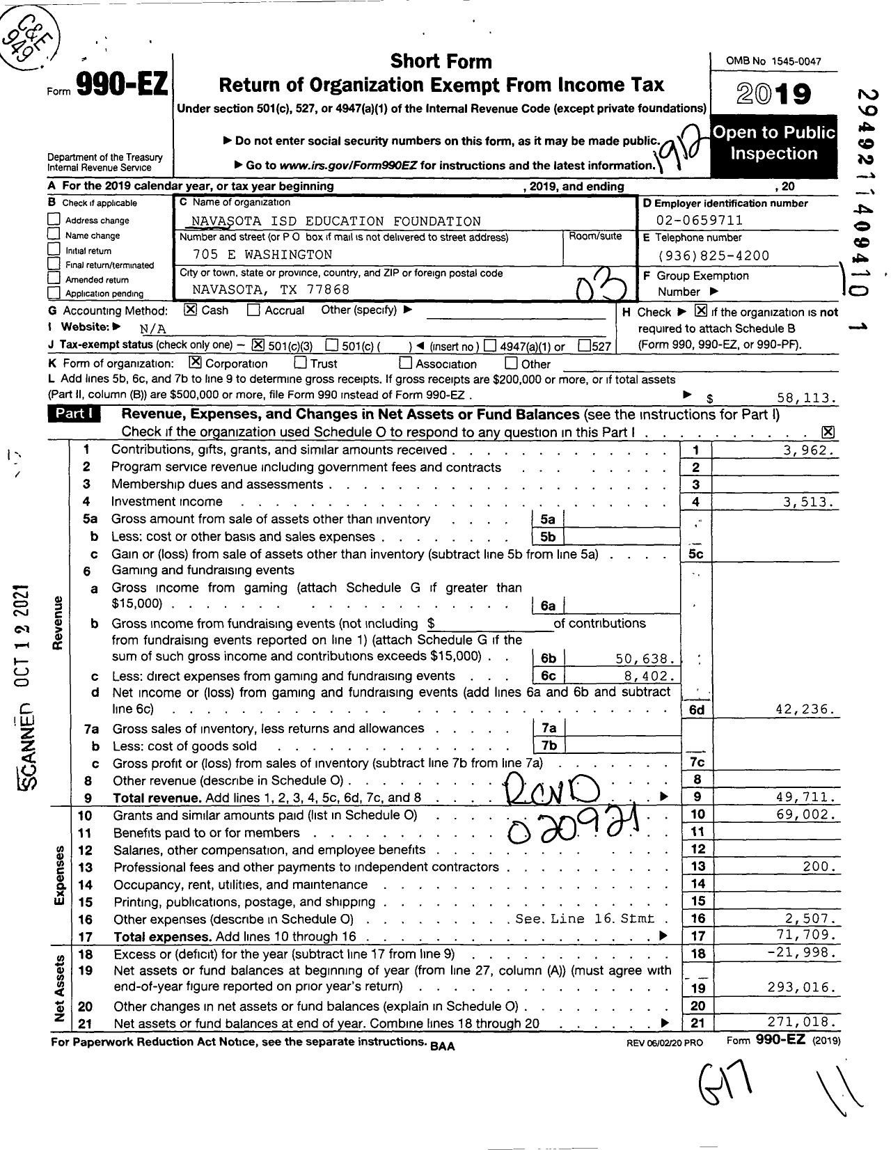 Image of first page of 2019 Form 990EZ for Navasota ISD Education Foundation