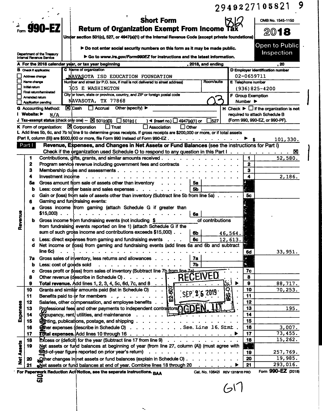 Image of first page of 2018 Form 990EZ for Navasota ISD Education Foundation