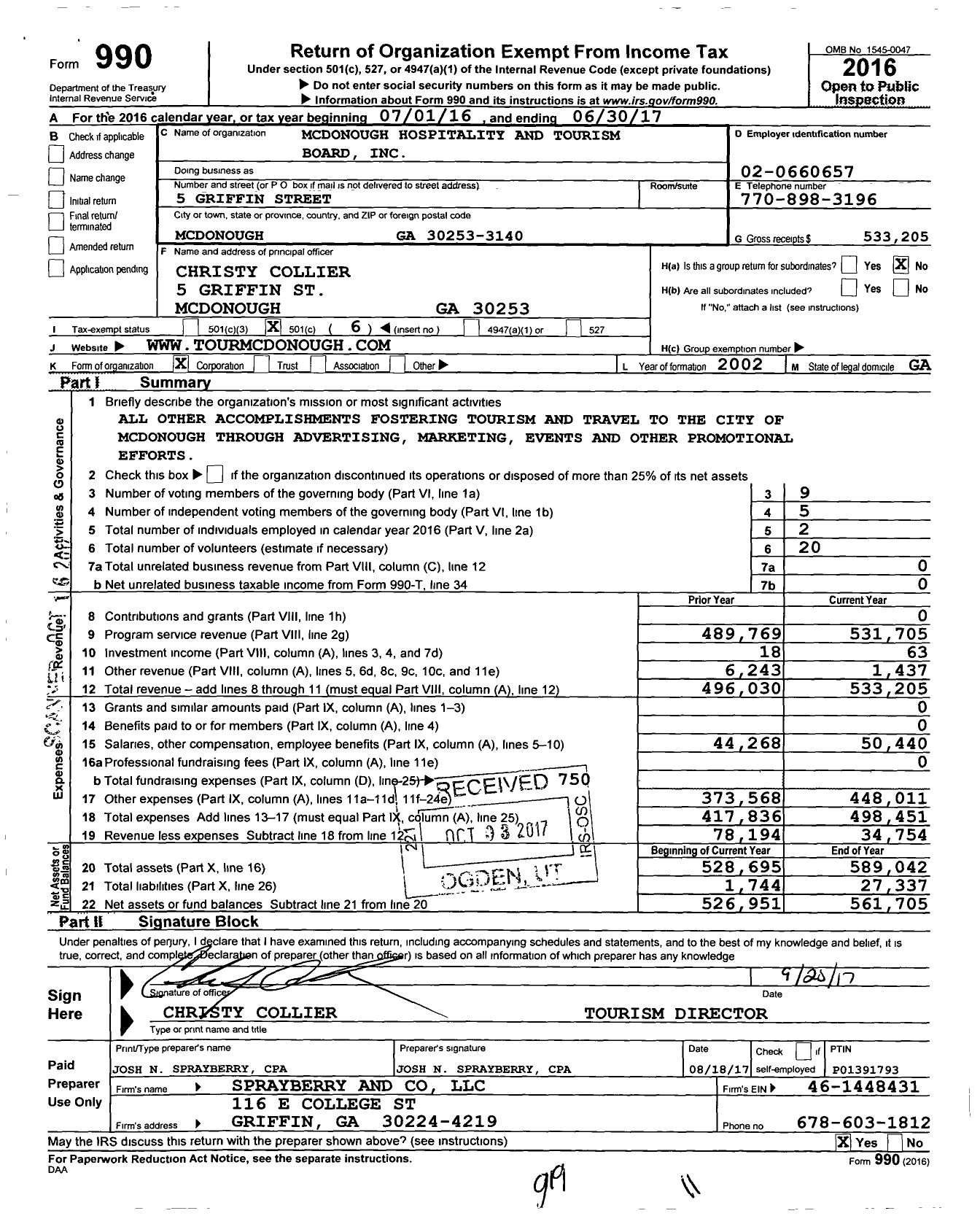 Image of first page of 2016 Form 990O for McDonough Hospitality and Tourism Board