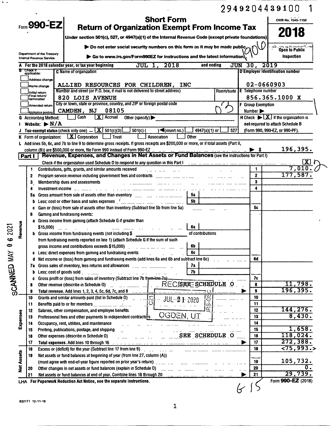 Image of first page of 2018 Form 990EZ for Allied Resources for Children