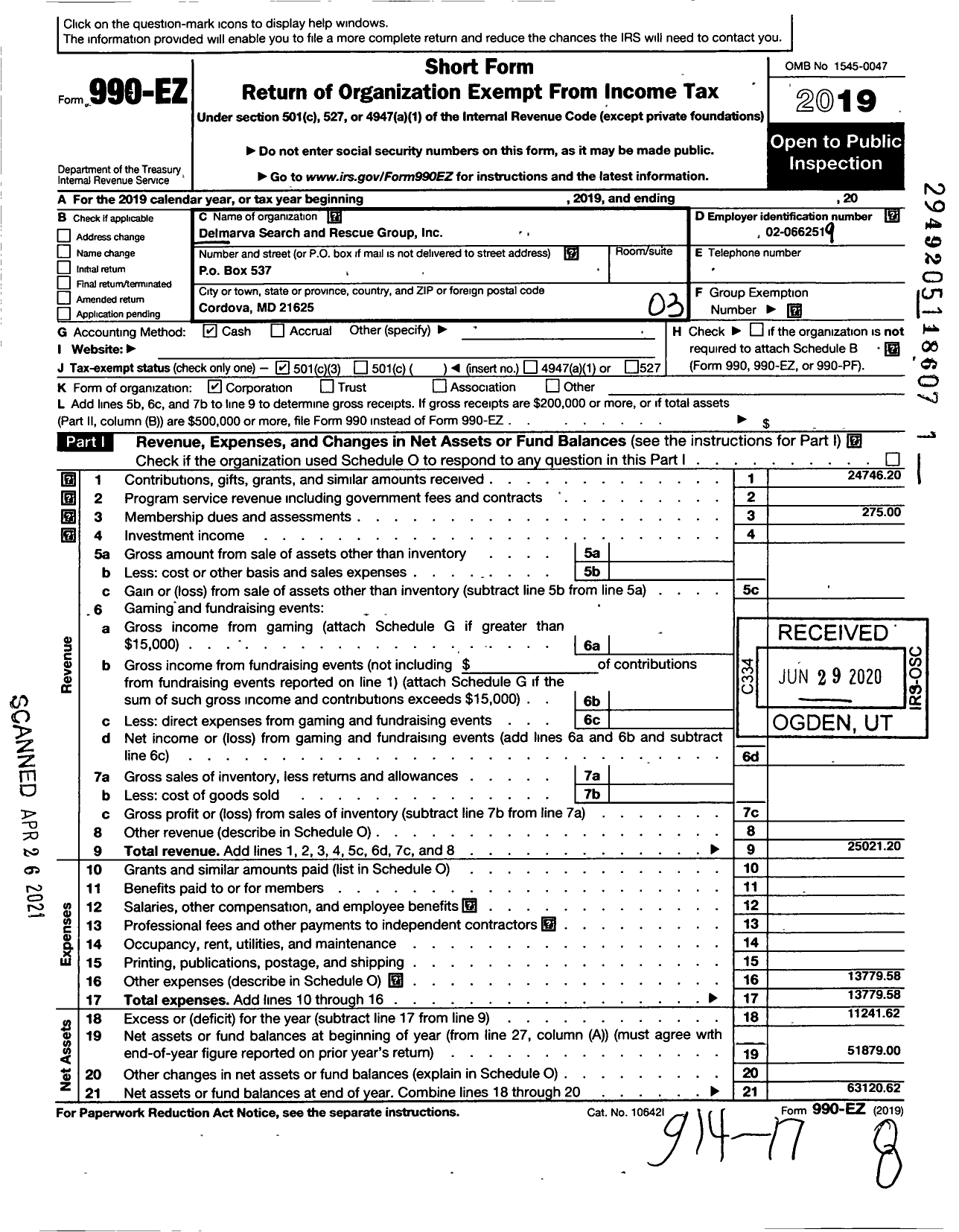 Image of first page of 2019 Form 990EZ for Delmarva Search and Rescue Group