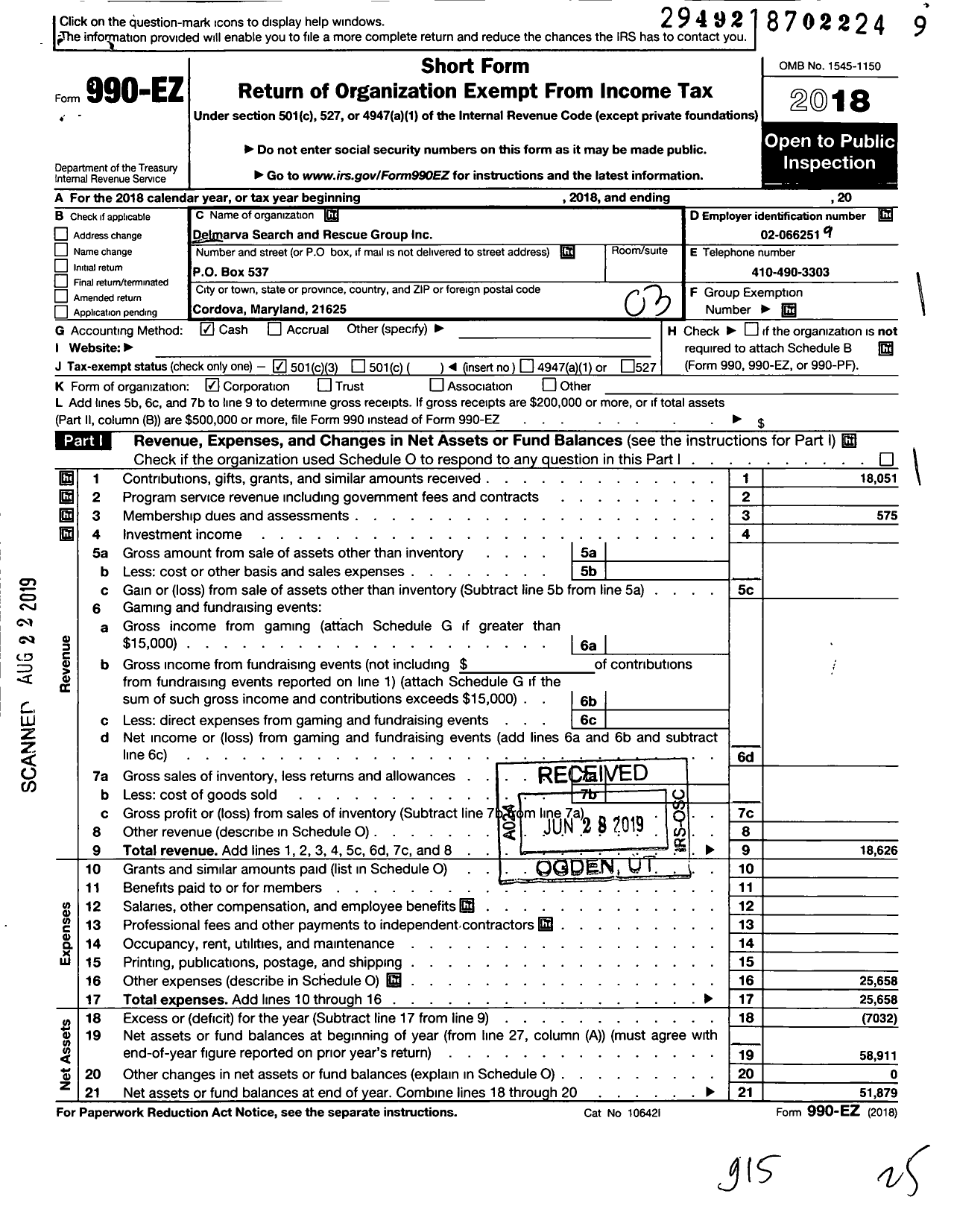 Image of first page of 2018 Form 990EZ for Delmarva Search and Rescue Group