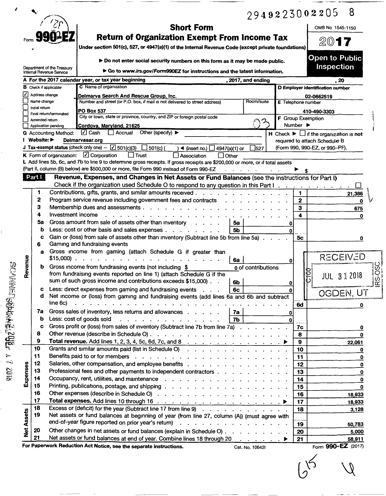 Image of first page of 2017 Form 990EZ for Delmarva Search and Rescue Group