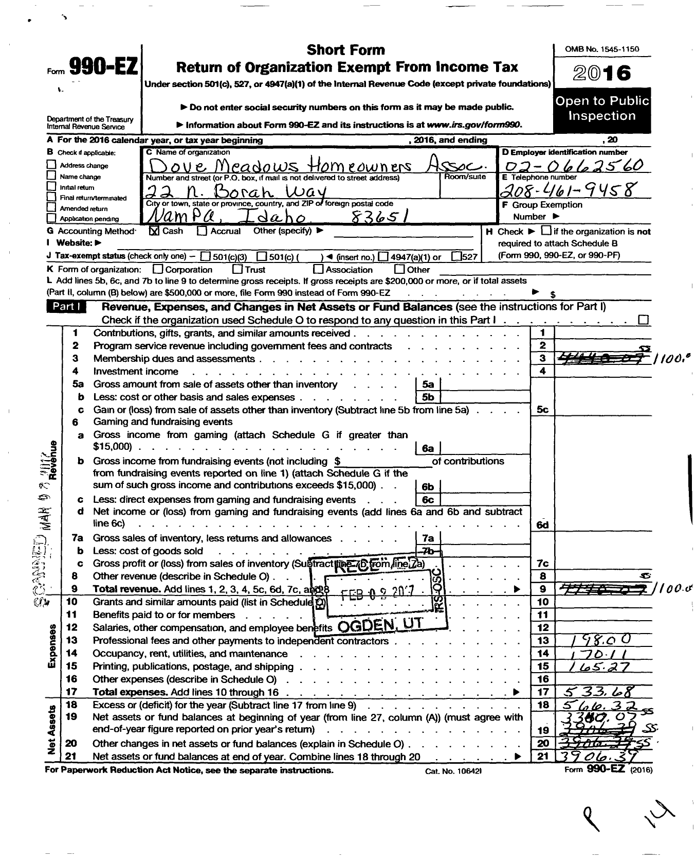 Image of first page of 2016 Form 990EO for Dove Meadows Homeowners Association