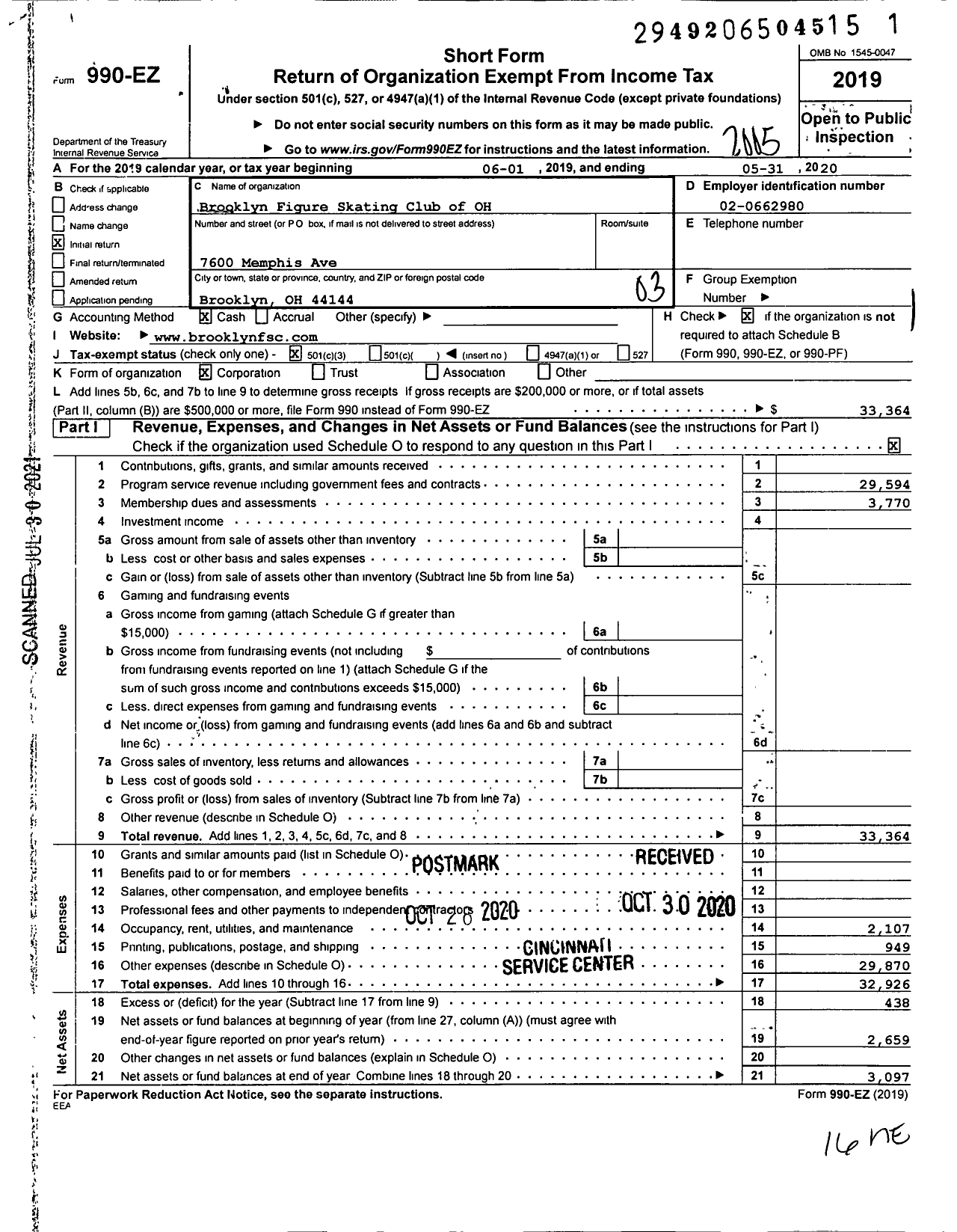 Image of first page of 2019 Form 990EZ for Brooklyn Figure Skating Club of Ohio